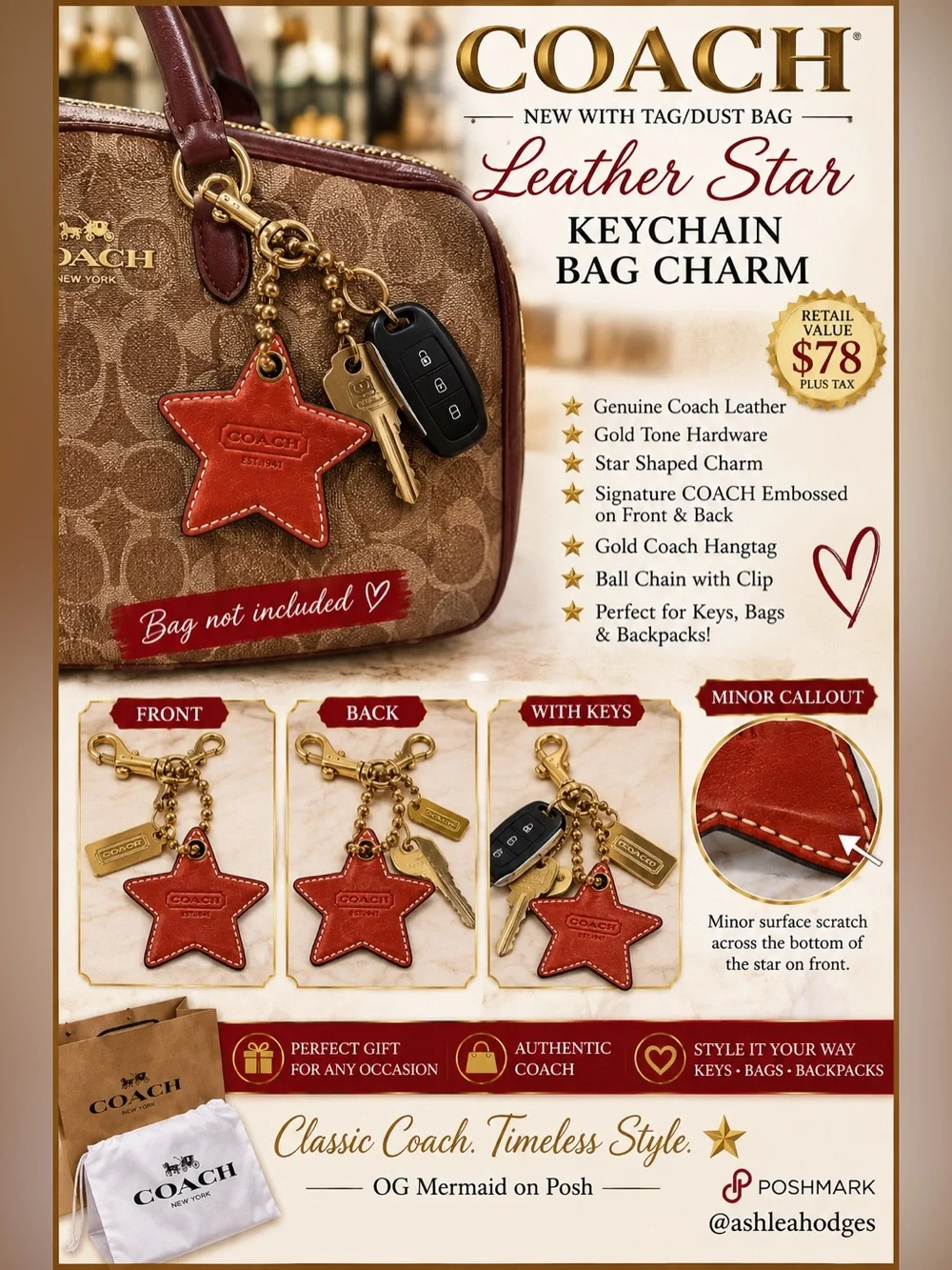 Coach Leather Star Keychain Bag Charm Burnt Orange GUC